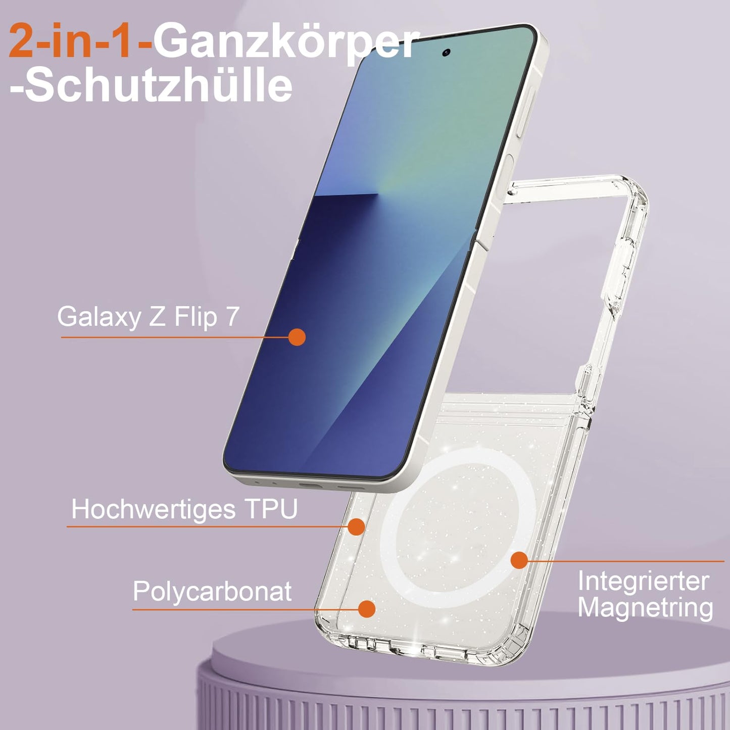 Samsung Galaxy Z Flip7 Glitter Shockproof Case Compatible with MagSafe Non-Yellowing – Clear