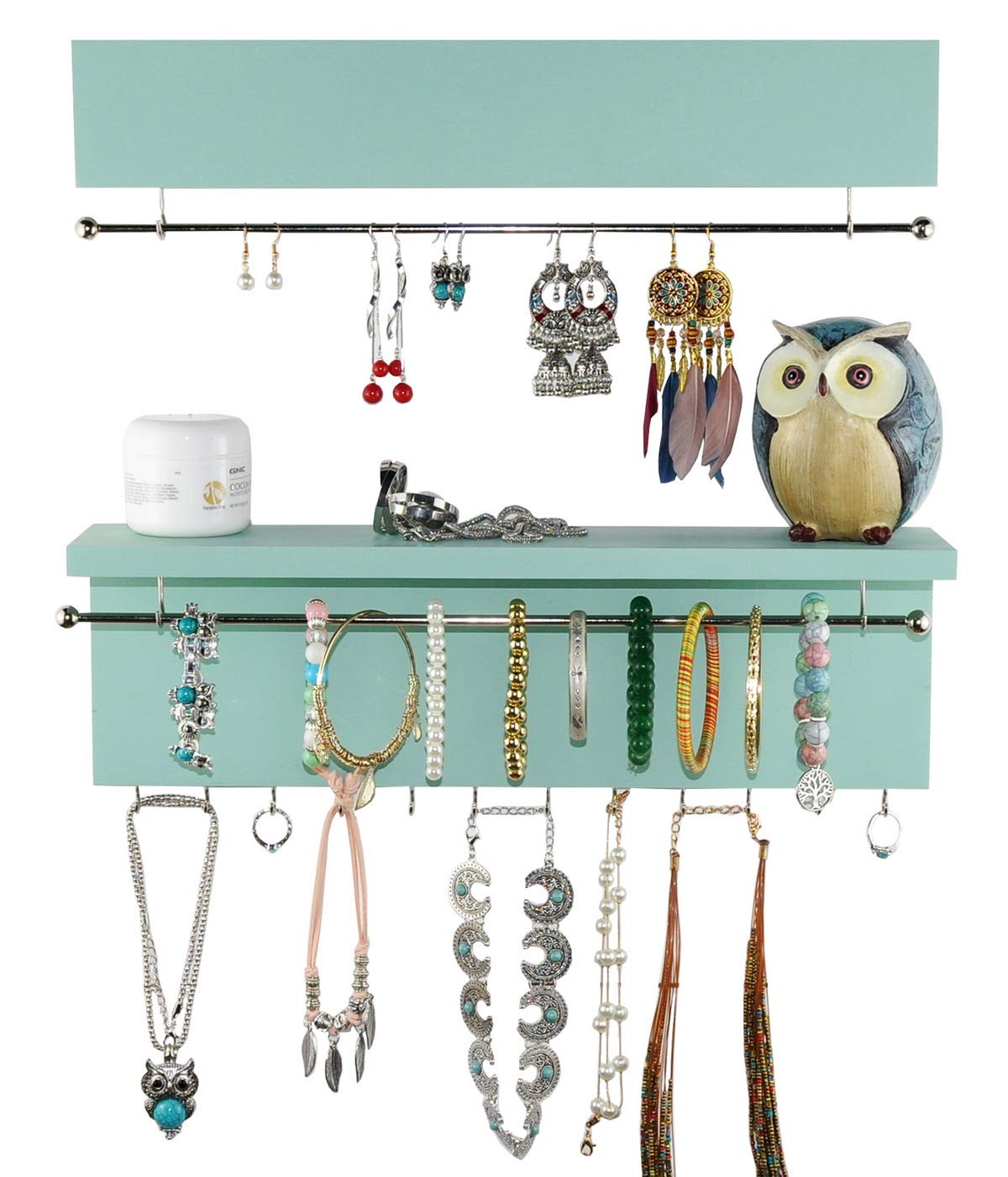Spiretro Wall Mount Set of 2 Jewelry Holders, Removable Silver Metal Rod for Earrings, Bracelets, Hooks for Hanging