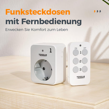 TESSAN wireless sockets with remote control set, 3 sockets with 1 handheld transmitter, range 30.5 m, remote-controlled plugs