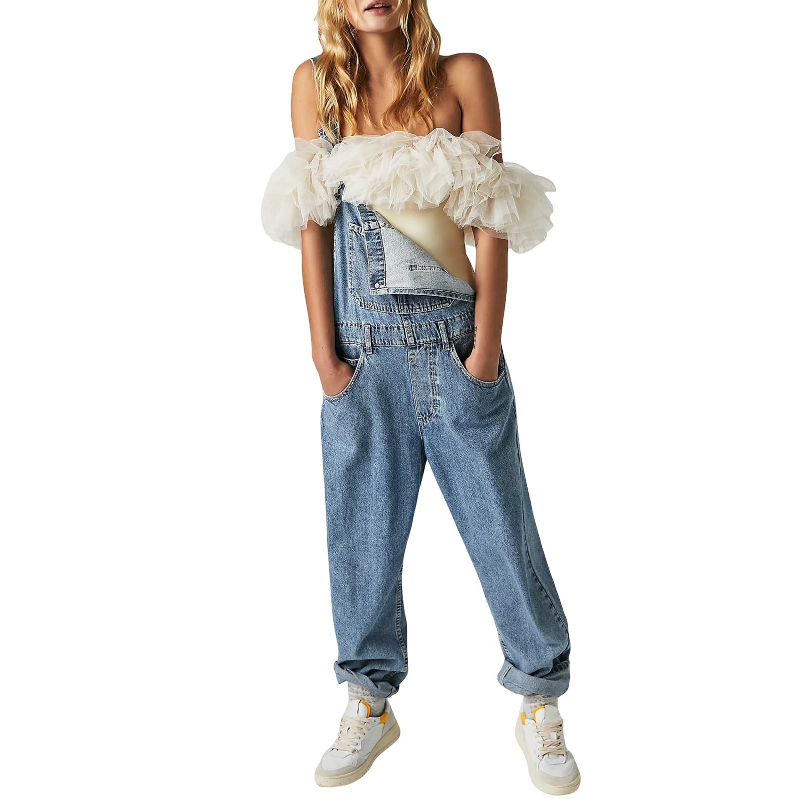 Women's Sleeveless Denim Dungarees Loose Fit Baggy Long Overalls Slingback Jeans – Light Blue XXL