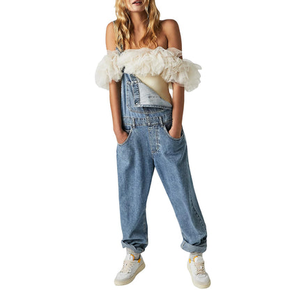 Women's Sleeveless Denim Dungarees Loose Fit Baggy Long Overalls Slingback Jeans – Light Blue XXL