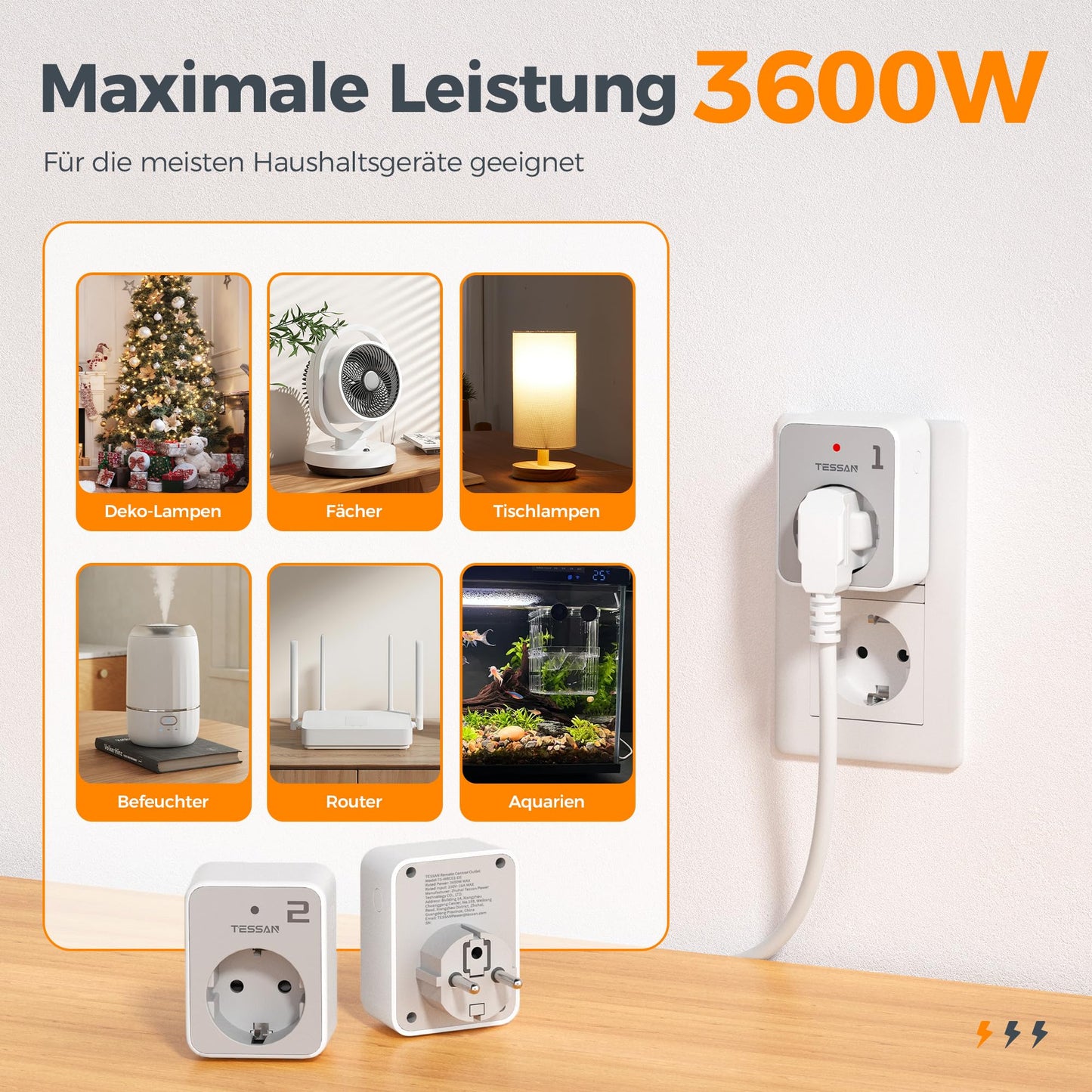 TESSAN wireless sockets with remote control set, 3 sockets with 1 handheld transmitter, range 30.5 m, remote-controlled plugs