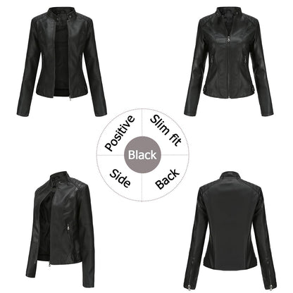 Women’s Faux Leather Short Biker Jacket PU Zipper – Black