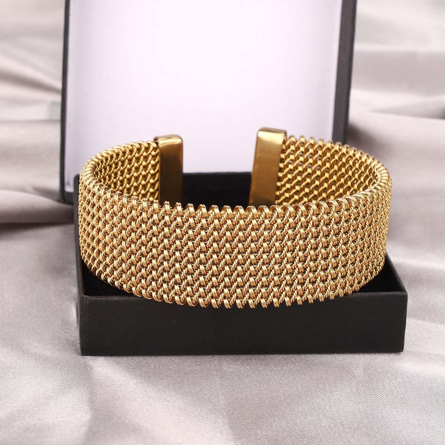 Wide Woven Open Gold Bangle Stainless Steel Mesh Stackable Cuff – Gold
