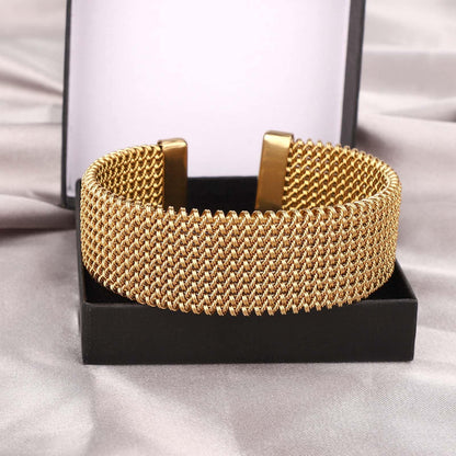 Wide Woven Open Gold Bangle Stainless Steel Mesh Stackable Cuff – Gold