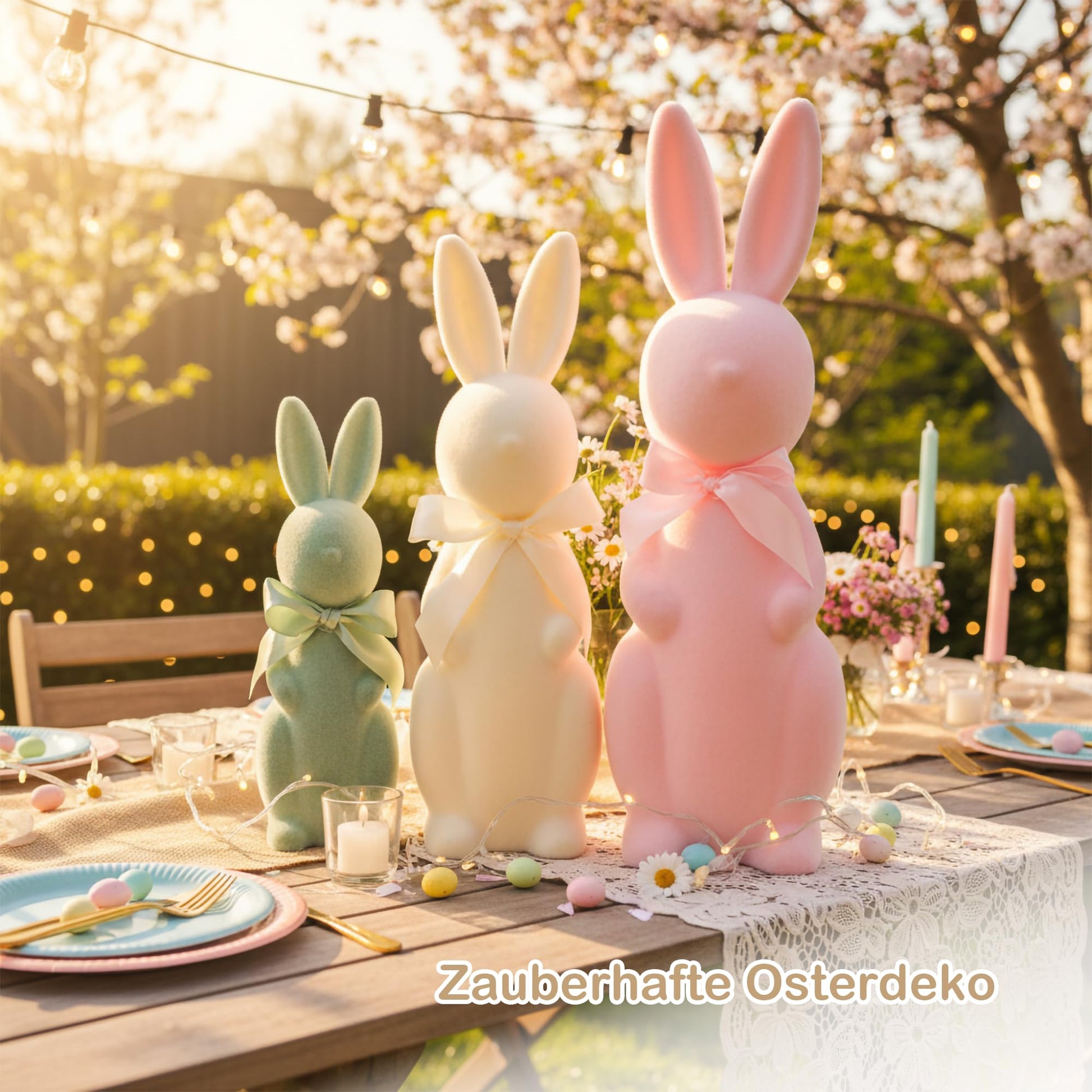 Fluffy Easter Bunny Figurines 3-Piece Set with Eggs Spring Decoration - Pink/Yellow/Orange