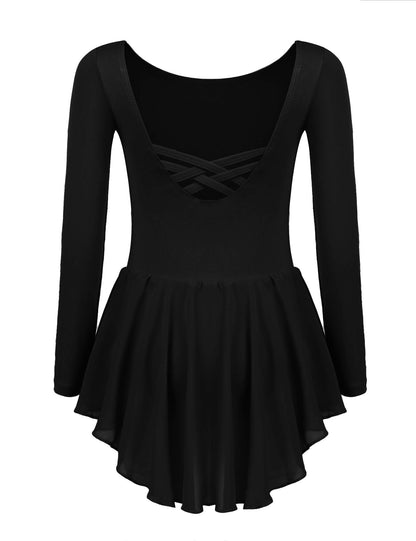 Girls' Backless Ballet Leotard Long Sleeve Cotton with Tutu Skirt Dance Bodysuit – Black 120