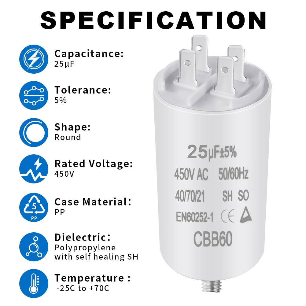 OFFCUP Motor Capacitor CBB60 25μF 450V for Electric Motors – Suitable for Pumps