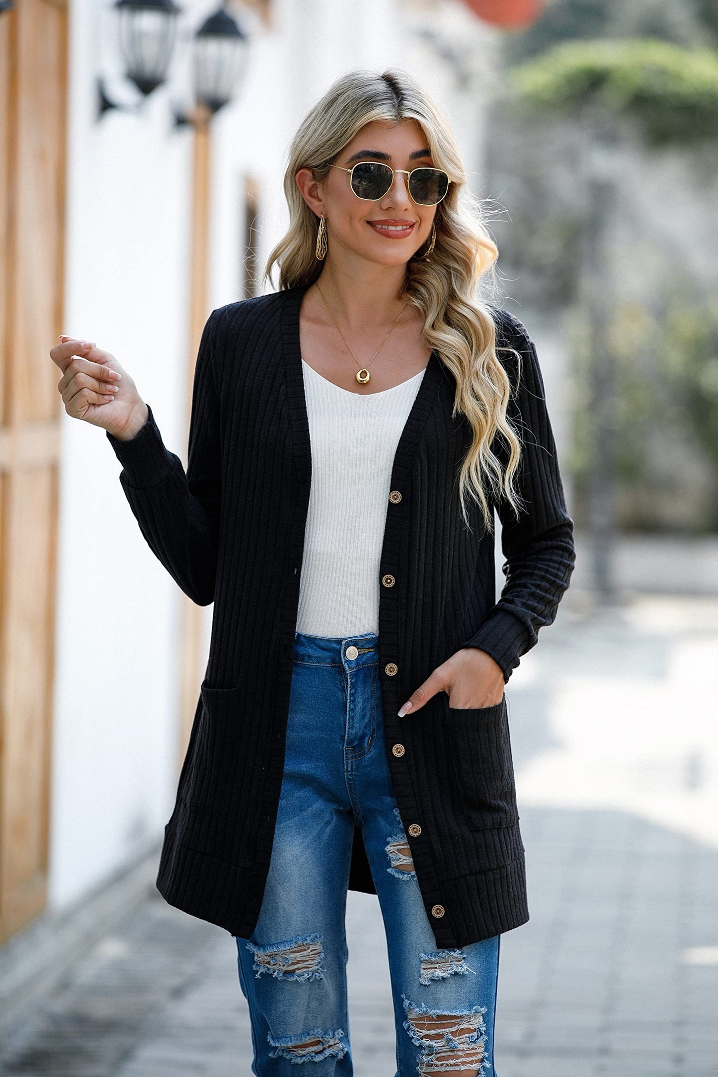 Women's Cardigan with Pockets Long Sleeve Open Front Knitted Sweater – Black XL