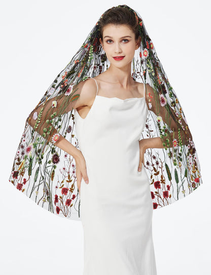 Fingertip Floral Embroidered Tulle Bridal Veil 1-Layer with Comb – White