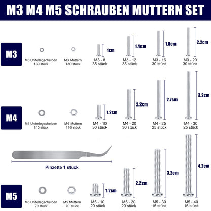 Screw Assortment Kit 930pc Pan Head M3-M5 with Nuts & Washers Phillips – Mixed