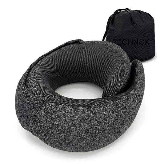 Ergonomic Travel Neck Pillow Memory Foam with Hood 360-degree Contoured Washable Cover – Moon Silver