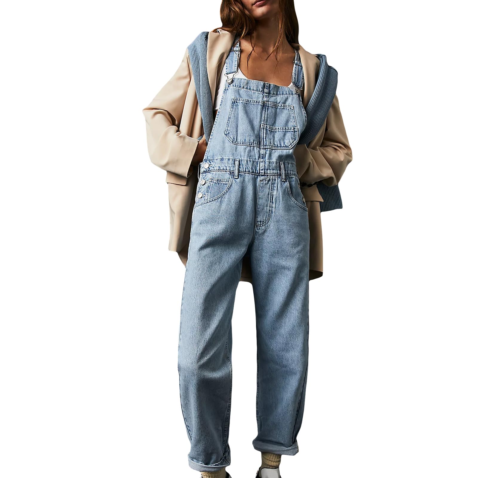 Women's Sleeveless Denim Dungarees Loose Fit Baggy Long Overalls Slingback Jeans – Light Blue XXL