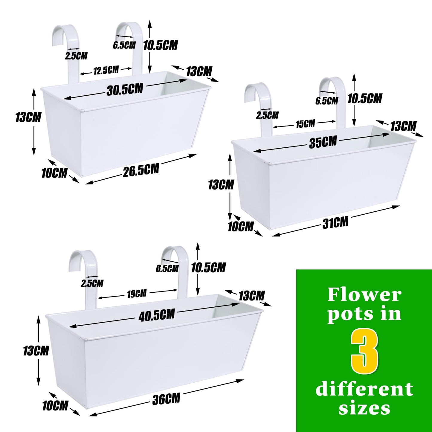 BOFUNX 3pcs Hanging Flower Pots Outdoor Metal Pots Hanging Planter Hanging Flower Holder with Removable Double Hook for