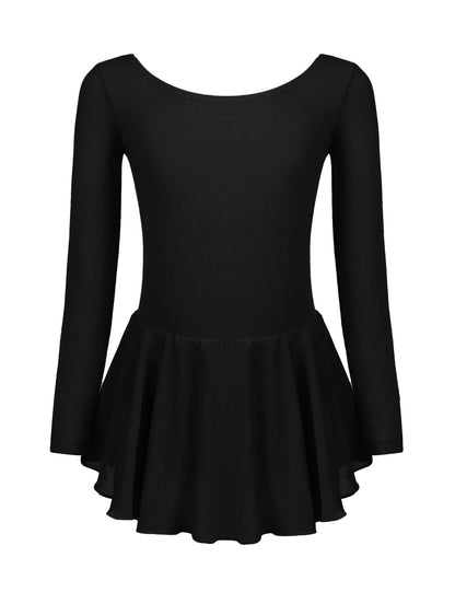 Girls' Backless Ballet Leotard Long Sleeve Cotton with Tutu Skirt Dance Bodysuit – Black 120