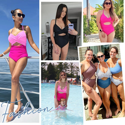 PONCEAU Swimsuit Tummy Control Women V Neck Swimwear Push Up Swimsuits Plus Size Cut Out One Piece Beachwear Swimsuit Sexy FX