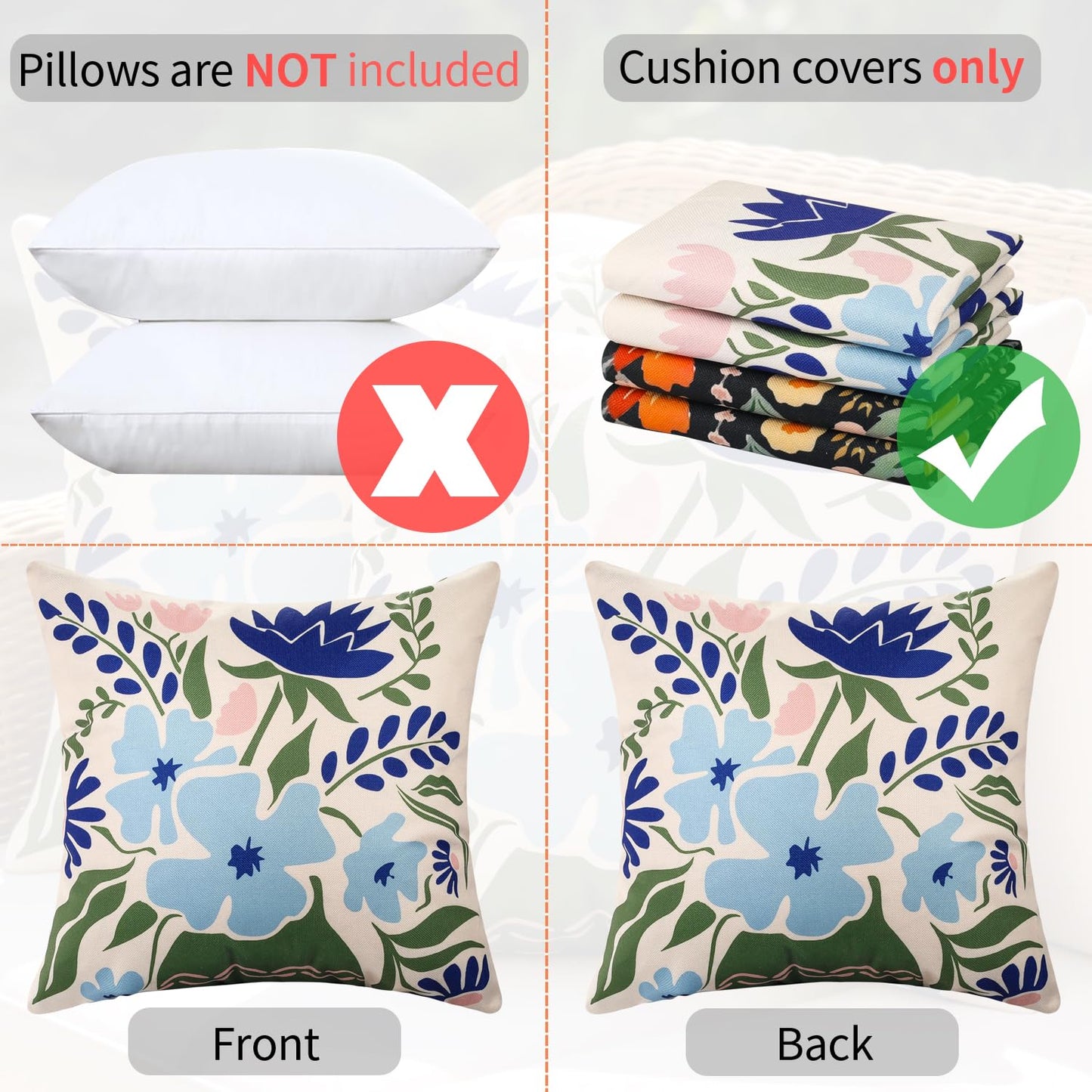 Outdoor Cushion Cover Waterproof Linen Hidden Zipper, Set of 2 – 40x40cm