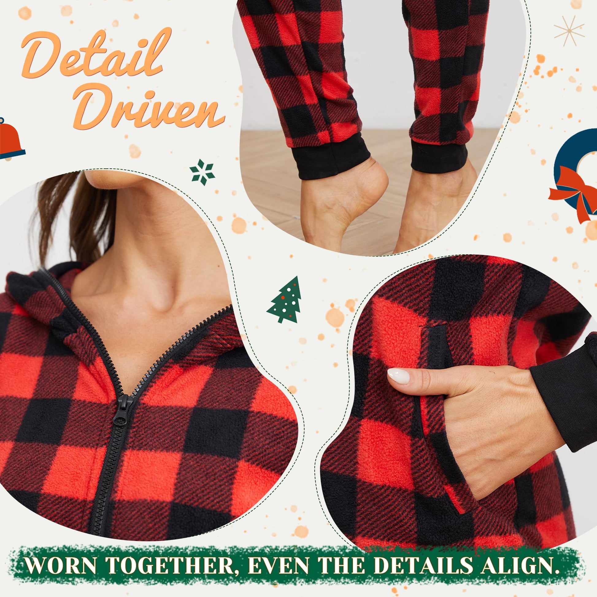Women's Hooded Zip Onesie Pyjamas Plaid Christmas Matching Soft Warm Jumpsuit – Red-Green S