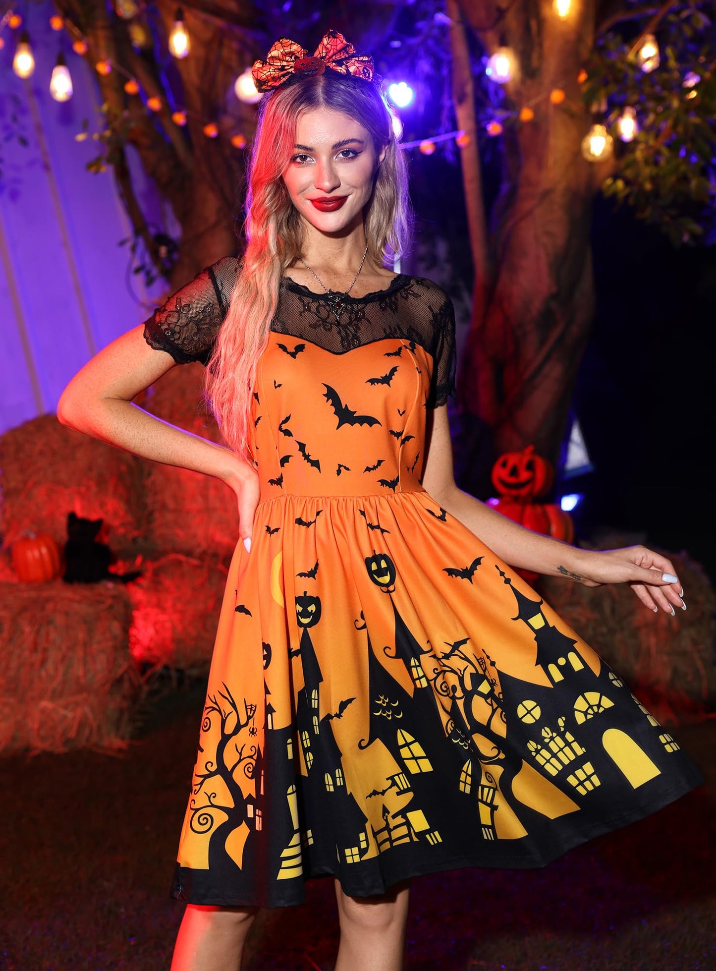 Women's Halloween Party Dress Black Lace Collar Low Back Short Sleeve – Orange M