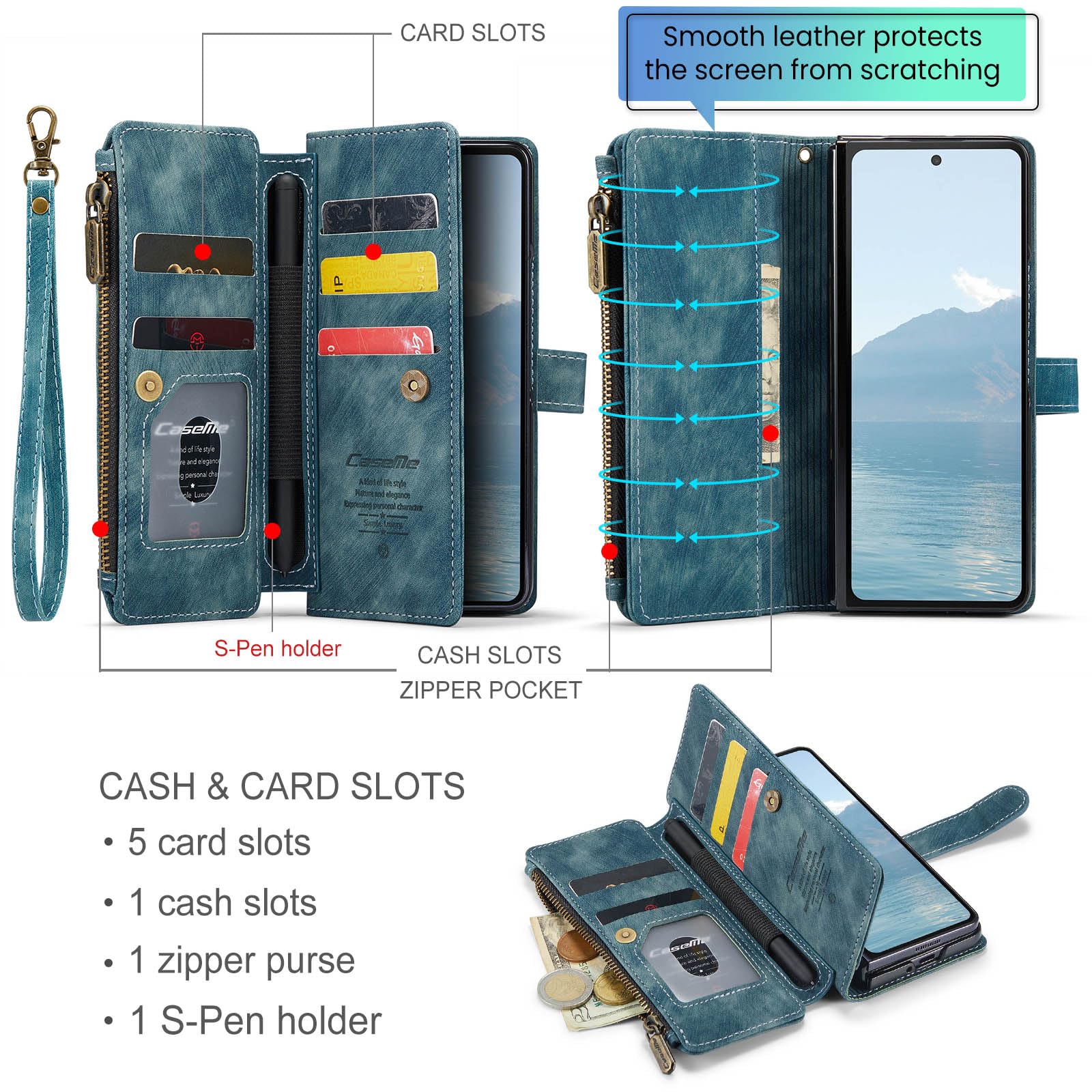 UEEBAI Phone Case for Samsung Galaxy Z Fold 6 5G, Retro Zipper Case Premium PU Leather Soft Folding Case Magnetic Closure