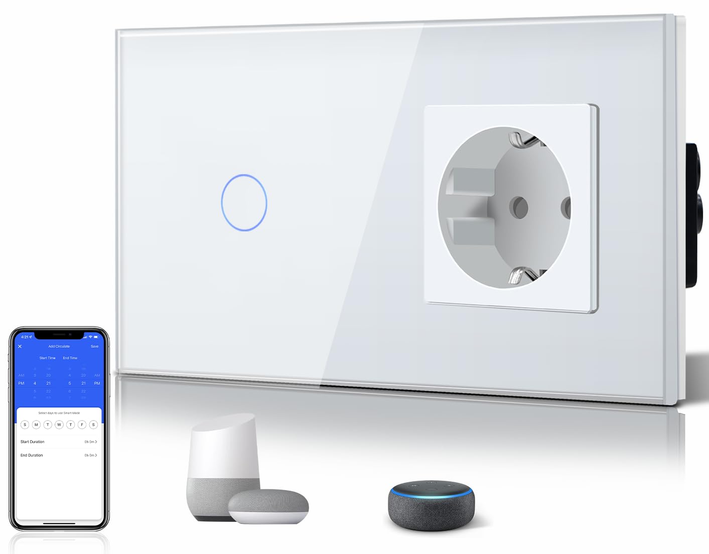 BSEED Normal Schuko Socket with Smart Alexa Light Switch 16 Amp Glass WiFi Touch Sensor Wall Switch Compatible with Alexa and