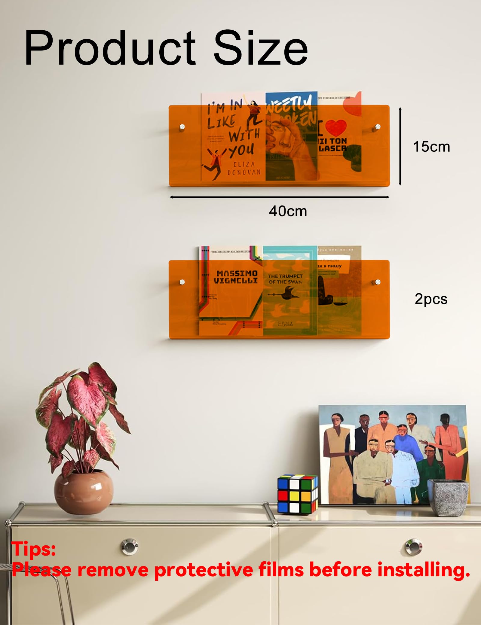 Gwezmxs Modern Newspaper Rack, Acrylic Wall Bookshelf, Orange, Pack of 2, 40 x 15 cm