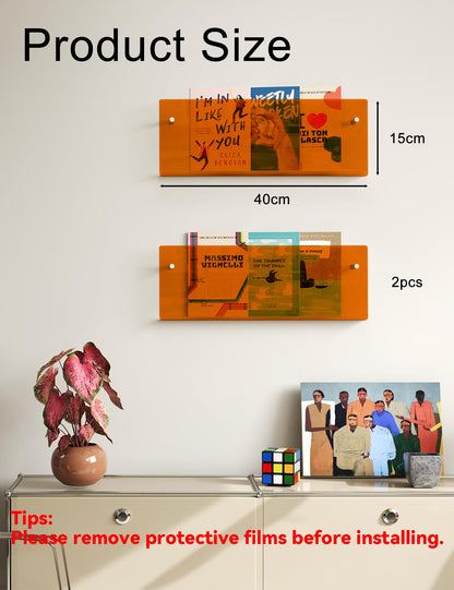 Gwezmxs Modern Newspaper Rack, Acrylic Wall Bookshelf, Orange, Pack of 2, 40 x 15 cm