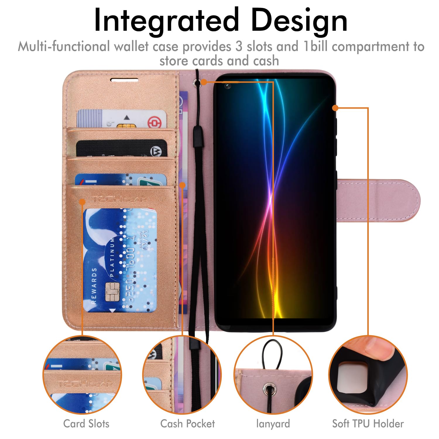 Samsung Galaxy A21s Leather Wallet Case with Card Slots & Kickstand – Rose Gold