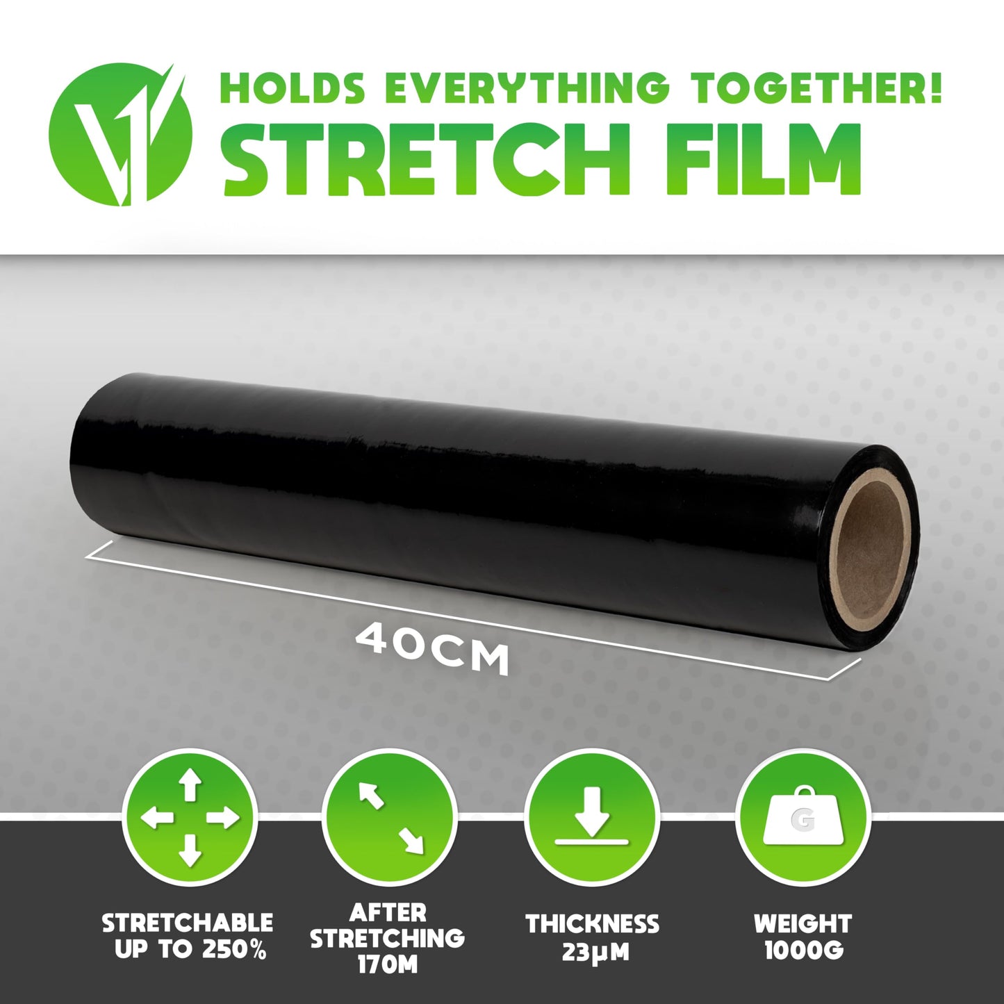 V1 Trade Stretch Film Black - Film for Furniture - Hand Moving Film 170m x 40 cm - Stretch Film Roll Black Film 23my -