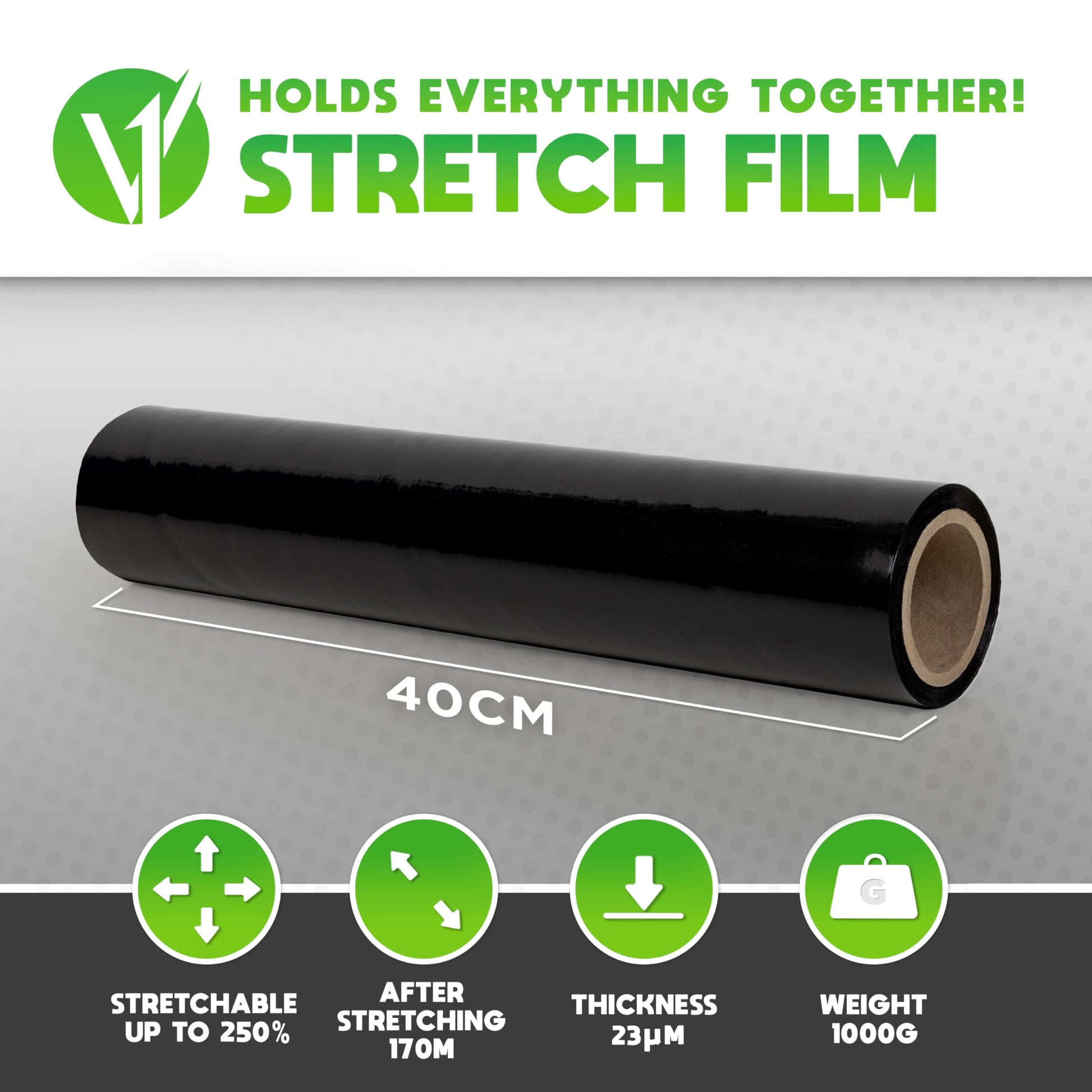 V1 Trade Stretch Film Black - Film for Furniture - Hand Moving Film 170m x 40 cm - Stretch Film Roll Black Film 23my -