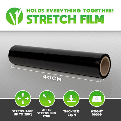 V1 Trade Stretch Film Black - Film for Furniture - Hand Moving Film 170m x 40 cm - Stretch Film Roll Black Film 23my -
