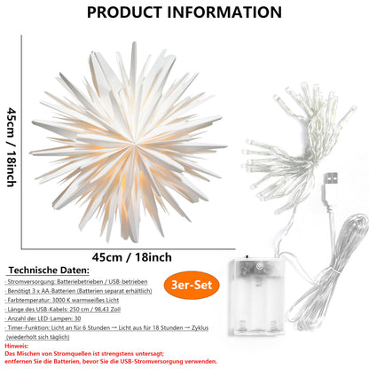 Illuminated Christmas Stars Set of 3 45cm Paper Decorations – White