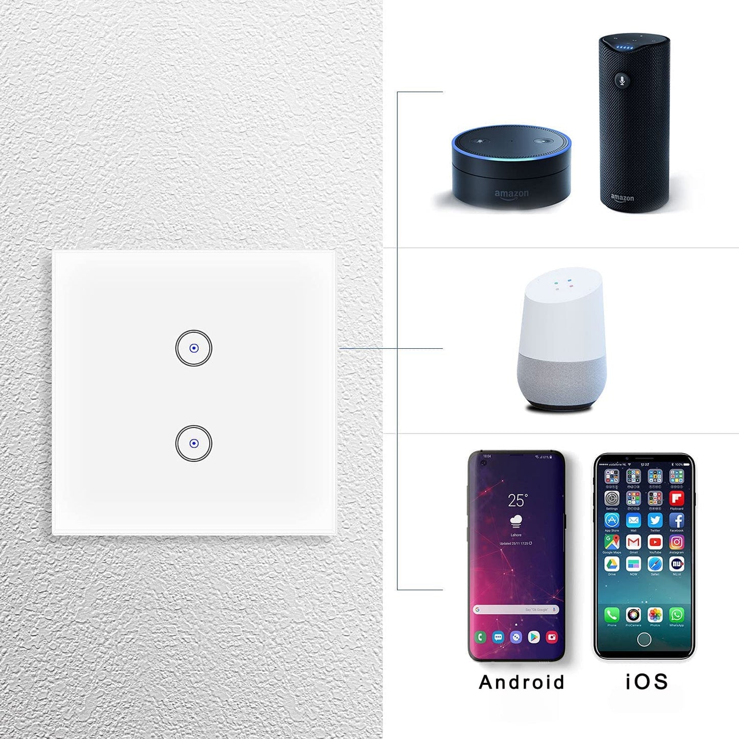 Smart Light Switch 2 Gang Wi-Fi Alexa & Google Compatible with Timer Function – White