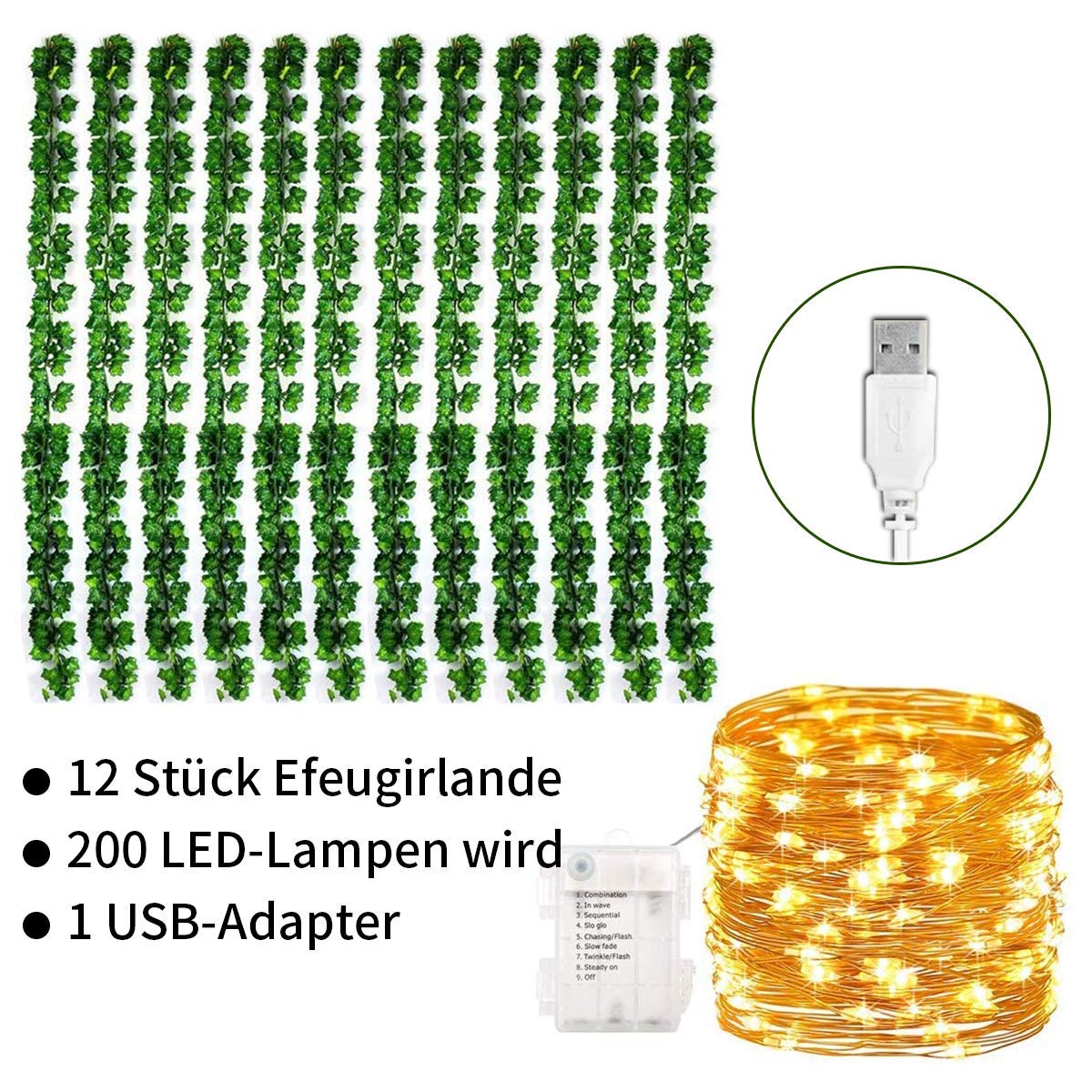KASZOO 12 pieces artificial ivy garland ivy, artificial hanging ivy with 200 LED light, for wedding party garden apartment
