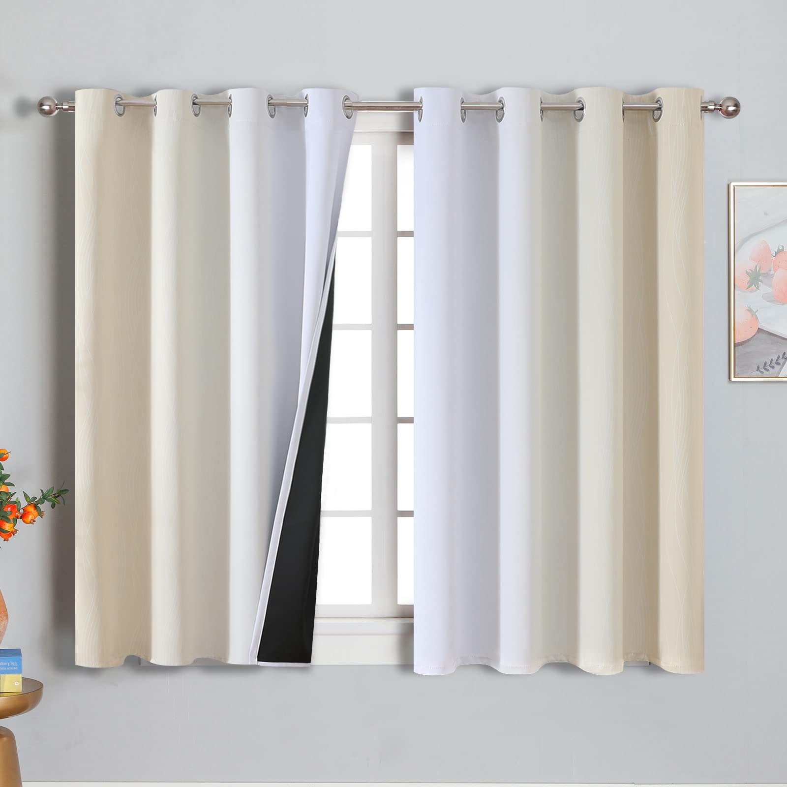 Ombre Gradient Eyelet Curtains Thermal Blackout Sound-Reducing – Light Beige 160x132cm (2pc)