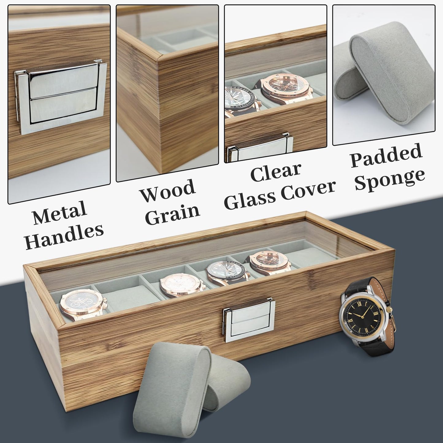 WisePoint Watch Box 6 Slot, Wooden Watch Case Watch Holder with Removable Cushion, Retro Watch Box Watch Storage Box for