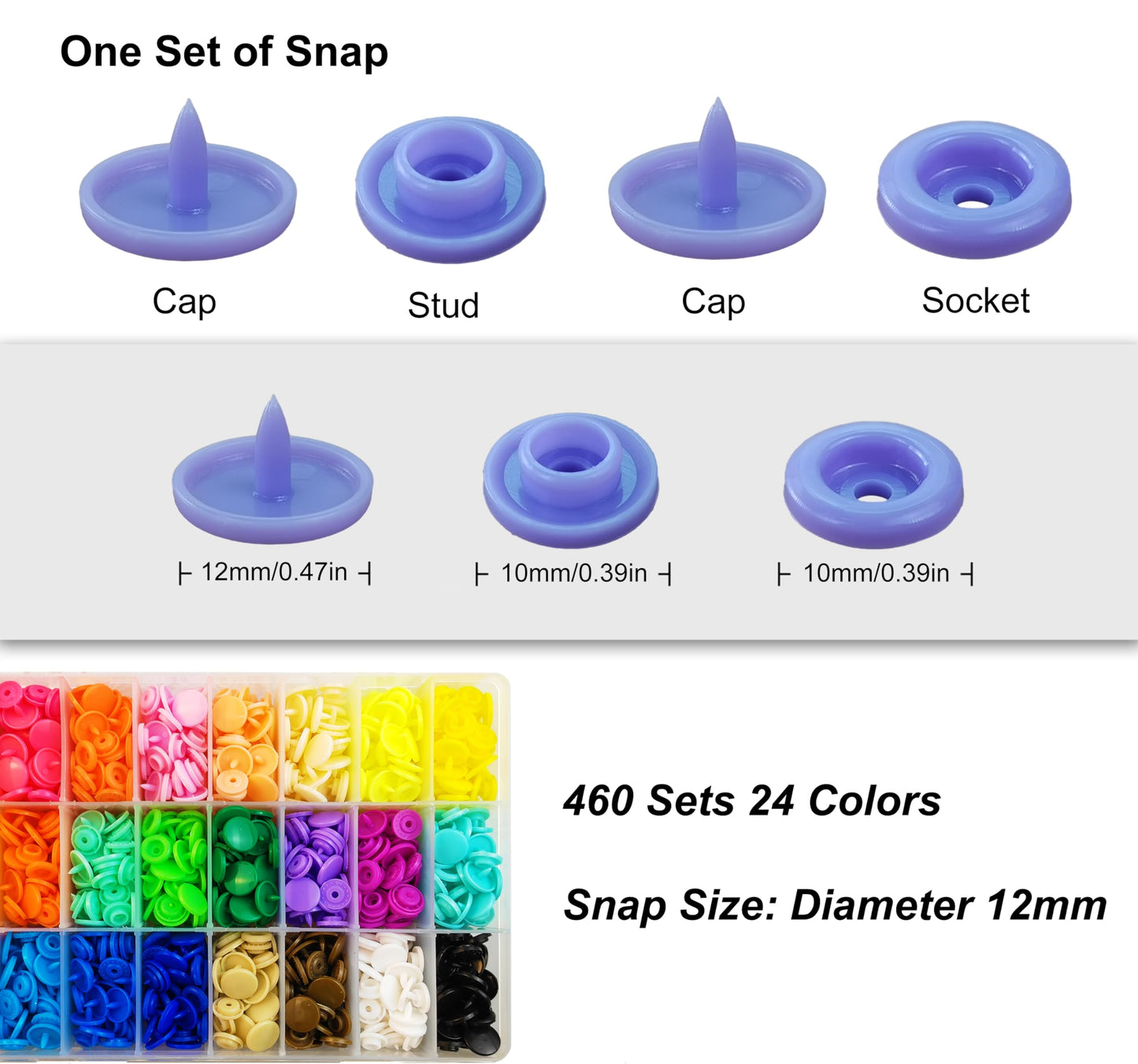 460 Sets Plastic Snap Fasteners with Pliers, TmppDeco T5 12mm 24 Colors Snap Buttons for Sewing, Clothing, Crafts