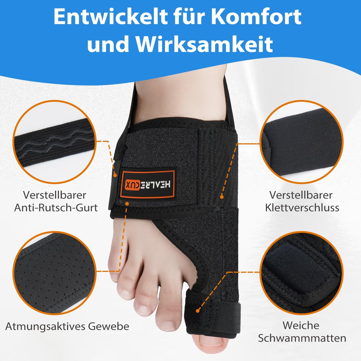 Healrecux 2x Hallux Valgus Correction Splint With 2x Toe Spreader for Toe Straightening for Day and Night, Hallux Valgus