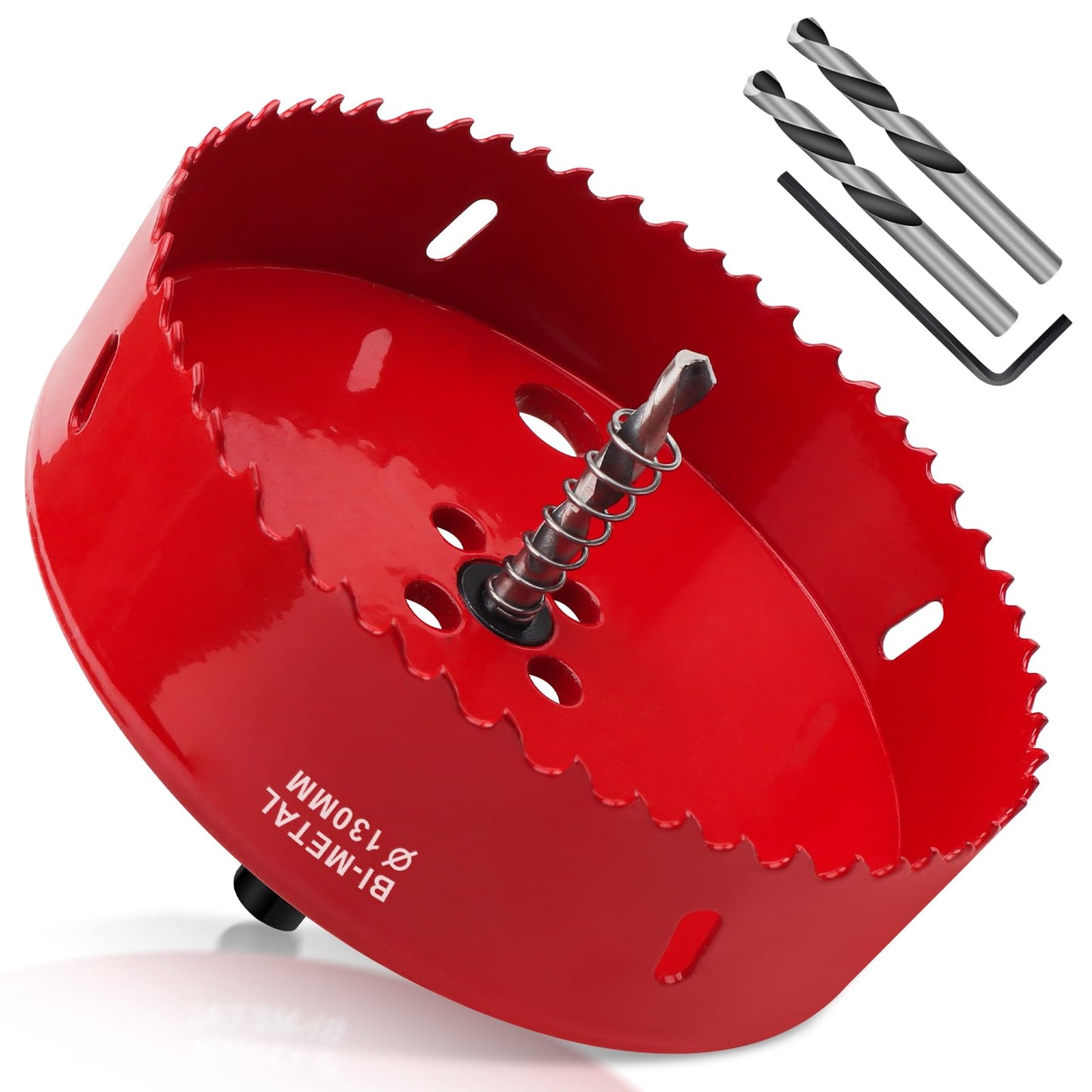 HSS Bi-Metal Hole Saw 130mm with Hex Shank and Drill Bit Set – Red