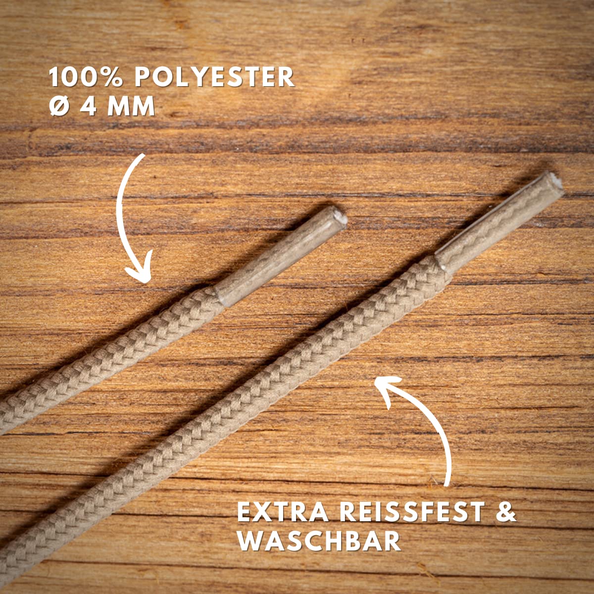 Round Shoelaces Ø4.5mm Polyester Tear-Resistant for Work Boots (2 Pairs) – Khaki 110cm