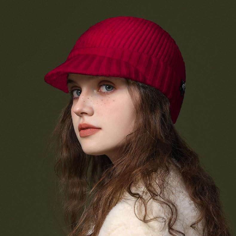 Winter Knit Beanie with Visor Loose Warm Snow Ski Hat – One Size