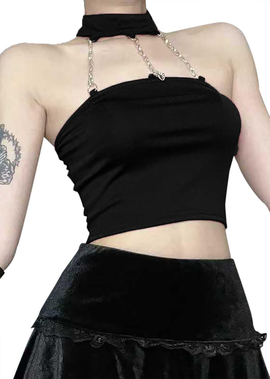 Punk Chain Cropped Halter Tank Top Choker Buckle Gothic Clubwear