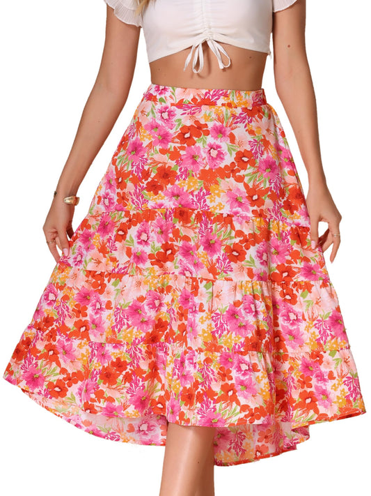 Women's Floral Midi Skirt Elastic Front Irregular Hem – Pink L