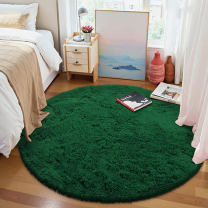 High Pile Fluffy Rug Round Washable Anti-Slip Backing – Dark Green 160cm
