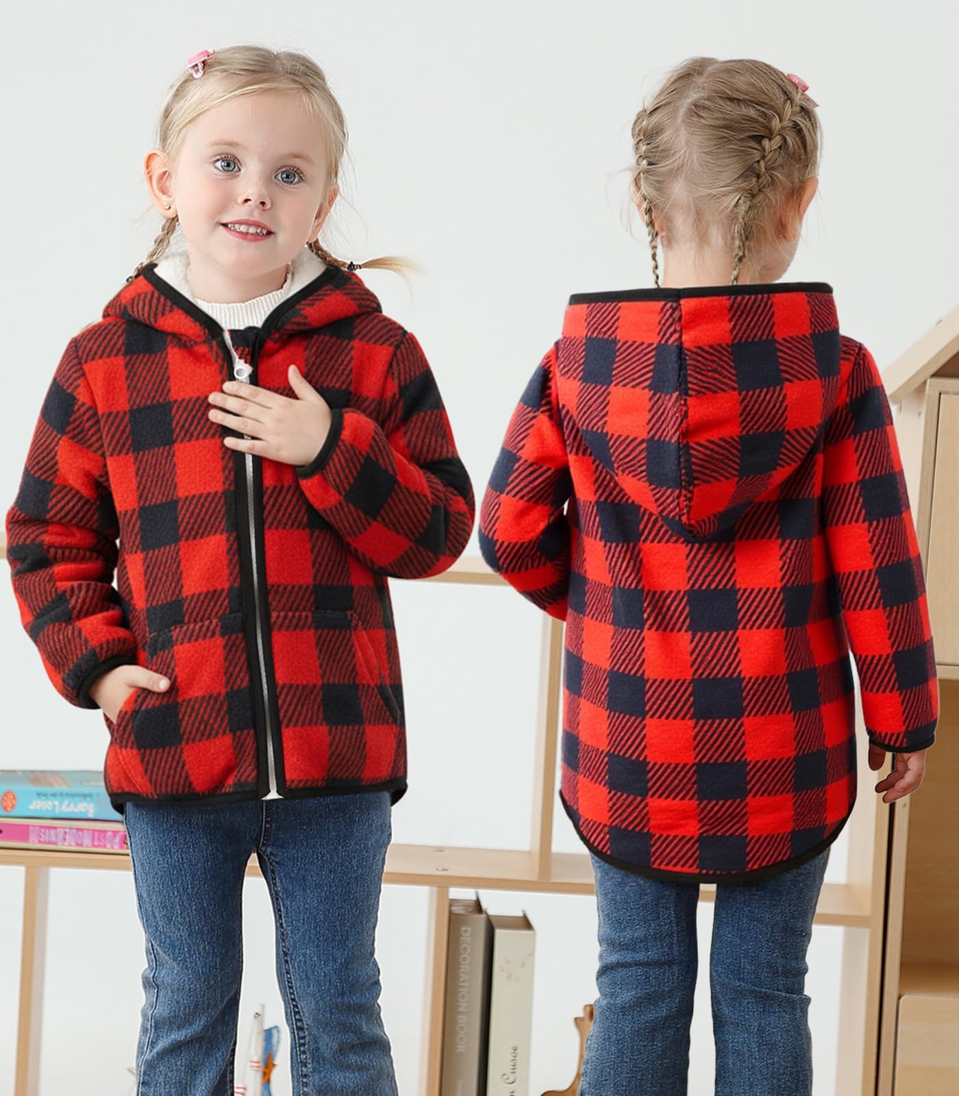 Toddler Girls Hooded Mesh Fleece Jacket Zipper – Red/Black 2–3 Years