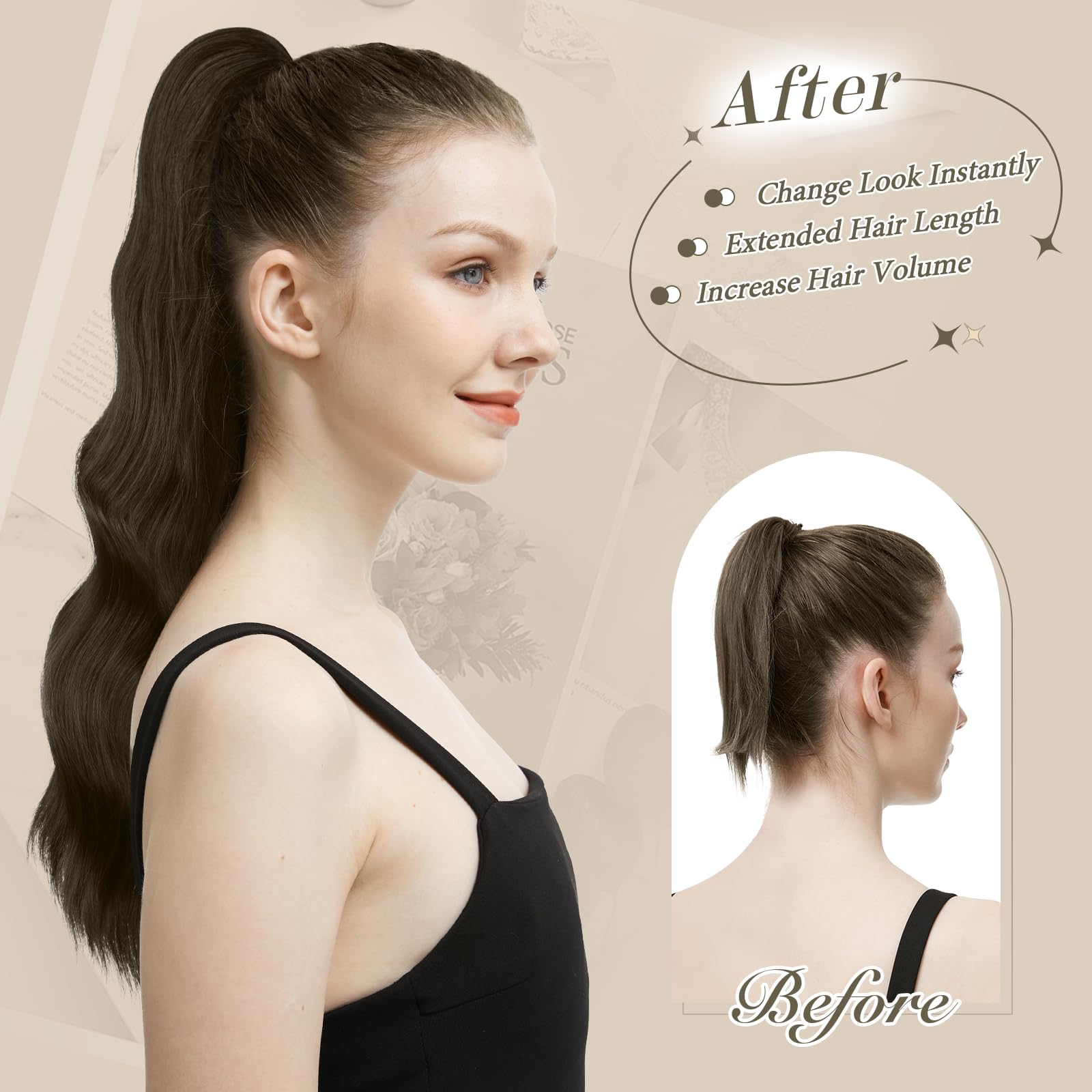 Ponytail Hairpiece Clip-in Wavy, Heat-resistant – Medium Brown 50cm
