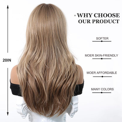 Straight Ombre Blonde Wig with Curtain Bangs Synthetic Hair – Daily Use Party