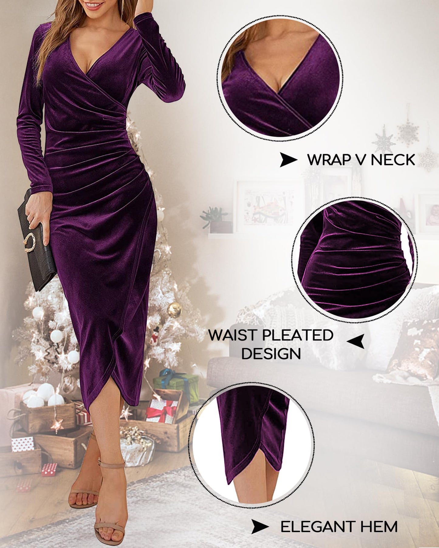 CheChury Women's Elegant Long Sleeve V-Neck Bodycon Party Cocktail Maxi Dresses Autumn and Winter Solid Color with Irregular