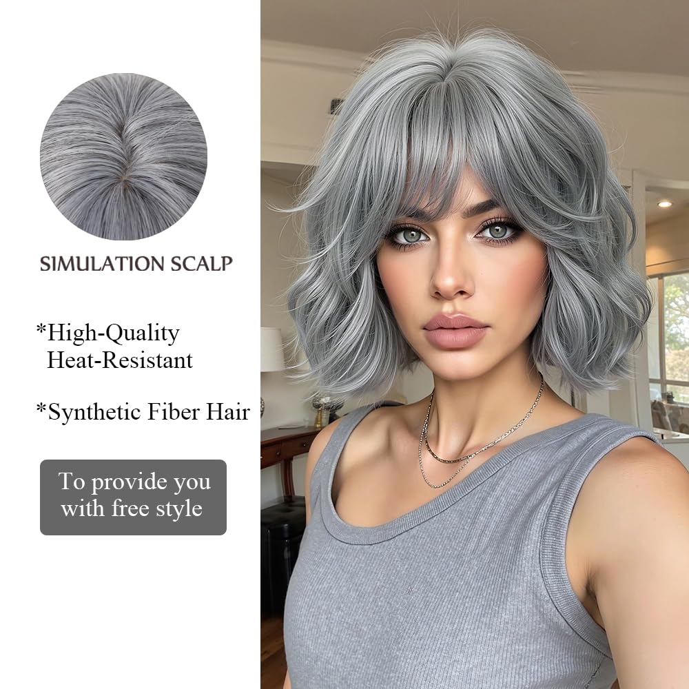 OUFEI Short Wavy Bob Wig Heat Resistant Synthetic Hair – Grey and White