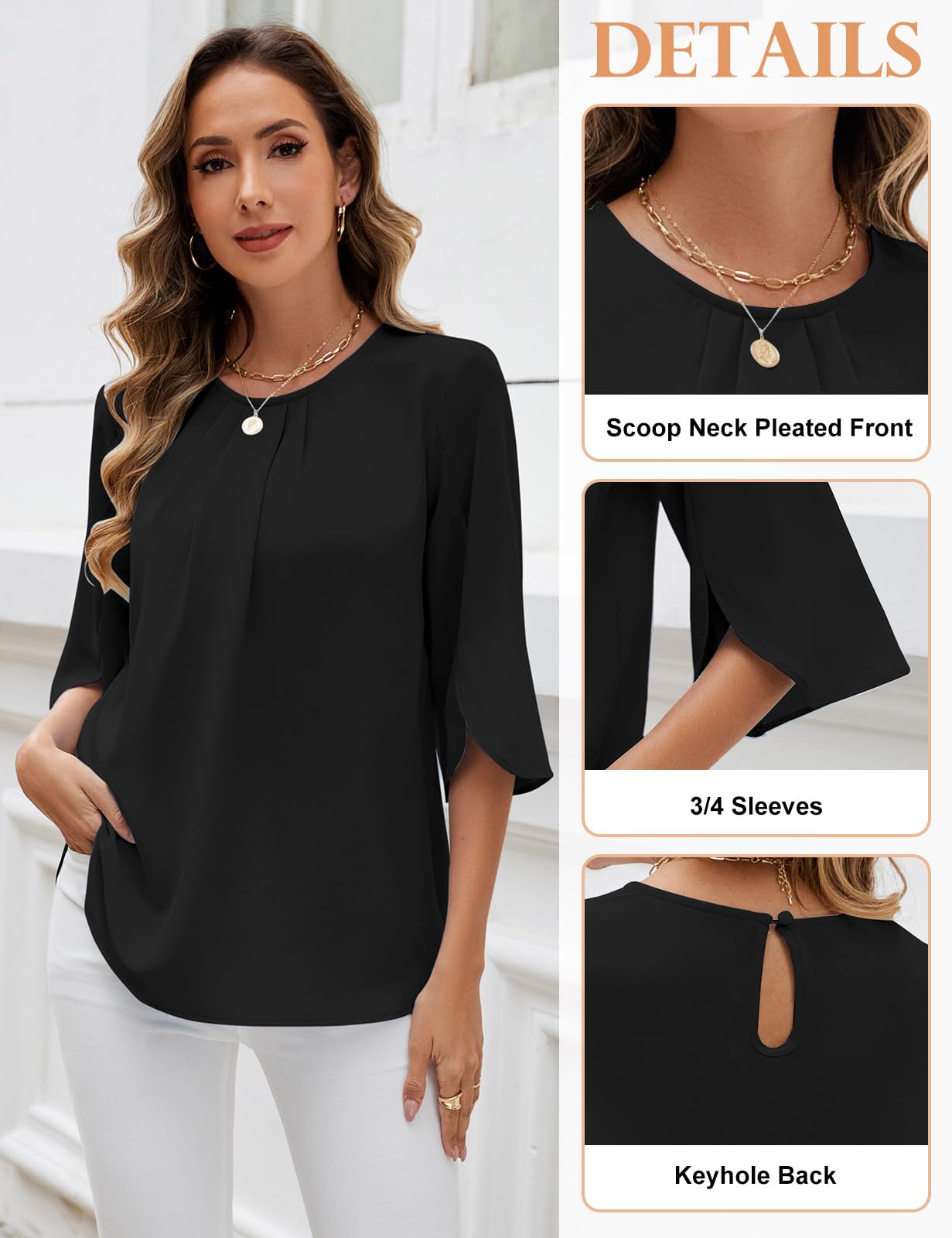 Women's 3/4 Sleeve Chiffon Blouse Crew Neck Split Sleeve – Black XXL